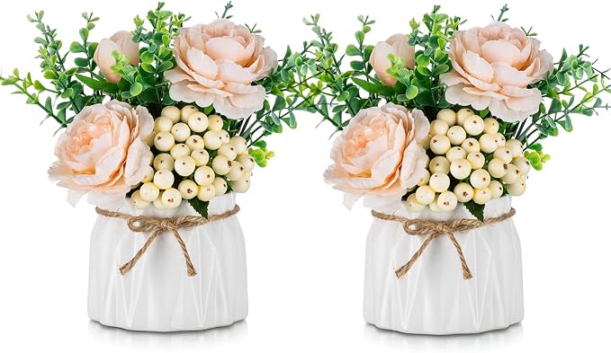 BLOSMON Table Decor Artificial Flowers Vase 7 Inch Small Fake Champagne Flower Arrangement 2pcs Floral Arrangement for Tables centerpieces Kitchen Dining Room Decorations Flower in Vase Silk Roses