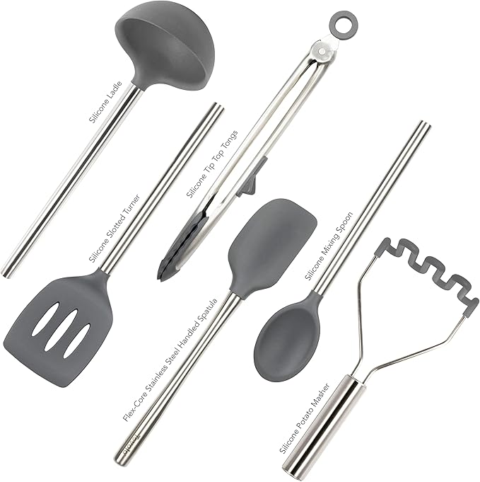 Tovolo Silicone Cooking Utensil Set of 6 Stainless Steel Handle Ladle Slotted Turner Tongs Flex Core Spatula Scraper Mixing Spoon & Potato Masher, Dishwasher Safe BPA Free Utensils, Charcoal Gray