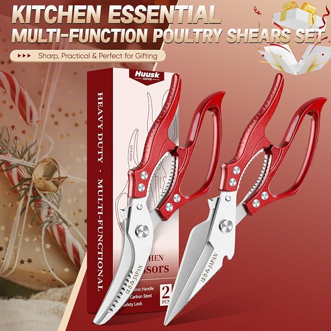 Huusk Heavy Duty Kitchen Scissors Set – All Purpose Japanese Poultry Shears for Chicken, Meat, Fish, Vegetables & Pizza with Ergonomic Non-Slip Red Handle, Gifts for Women Men