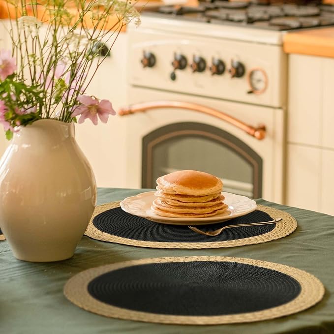 Noctiflorous Braided Round Placemats Set of 6, 15 Inch Woven Table Mats, Non-Slip Washable Wide Edge Place Mats for Kitchen Dining Table Decor (Black, 6)