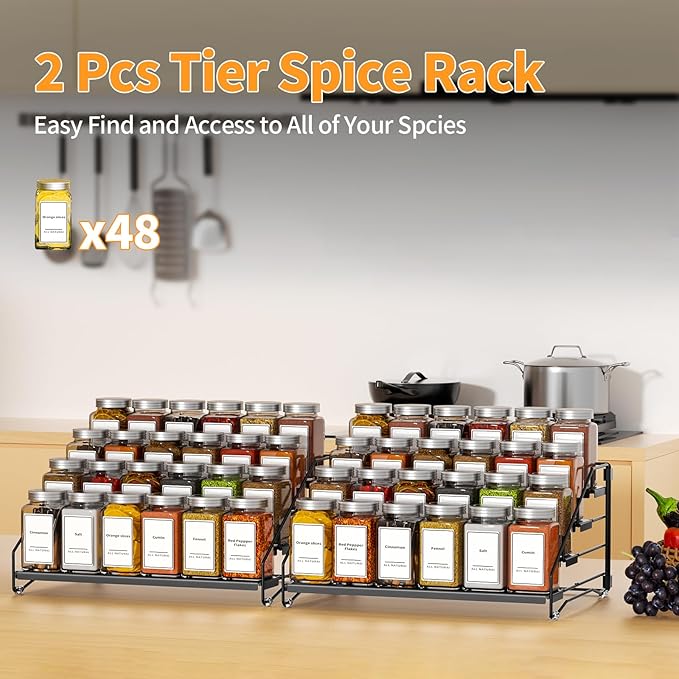 BOIVSHI 4 Tier Spice Rack Organzier, Spice Rack for Cabinet, Adjustable Depth Seasoning Shelf for Countertop, Pantry, Seasoning Organizer, Metal, Black (2 Pack)