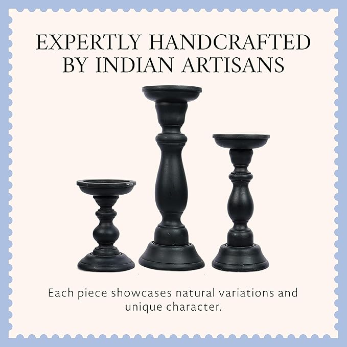 Mela Artisans 6”, 9” & 12” Mango Wood Pillar Candle Holder Set of 3 – Tuli Design Matte Black – Wooden Candle Holders for Table, Mantel & Living Room Décor