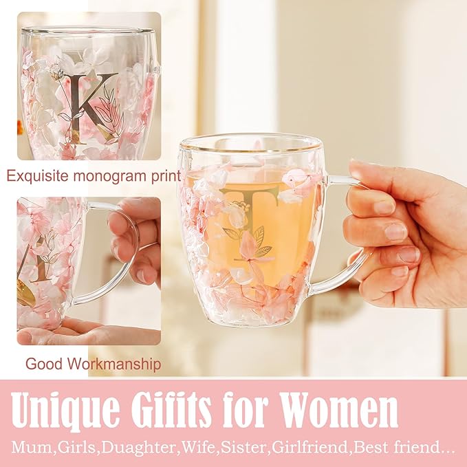 Personalized Gifts for Women Flower Glass Coffee Mug Initial Tea Cup Monogrammed Customized Bridesmaid Bride Wedding Gifts Graduation Gifts Valentine Mother's Day Birthday Christmas Gift (T)