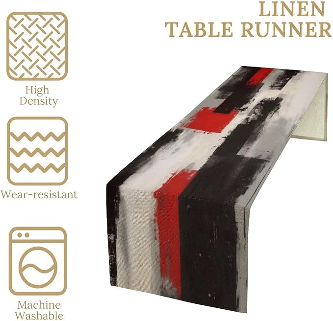 Abstract Red Grey Table Runner Vintage Black White Modern Art Burlap Table Dinner Runner for Farmhouse Cabin Coffee Kitchen Dining Holiday Party Home Decoration 13x120in