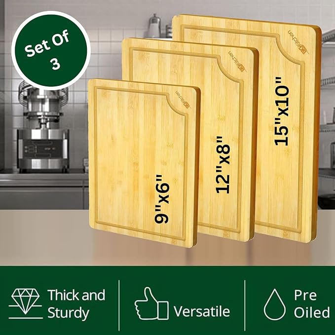 Big Kitchen 3-Piece Bamboo Cutting Board for Kitchen Butcher Block for Chopping Meat, Veggies & Cheese Durable Non-Plastic Wooden Chopping Board with Juice Groove & Easy Grip Handles
