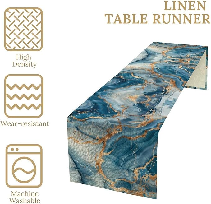 Marble Table Runner, Abstract Gold and Blue Modern Luxury Texture Pattern Printed Linen Table Runners for Kitchen Living Room Farmhouse Dining Room Party Holiday Home Decor 13" W x 108" L