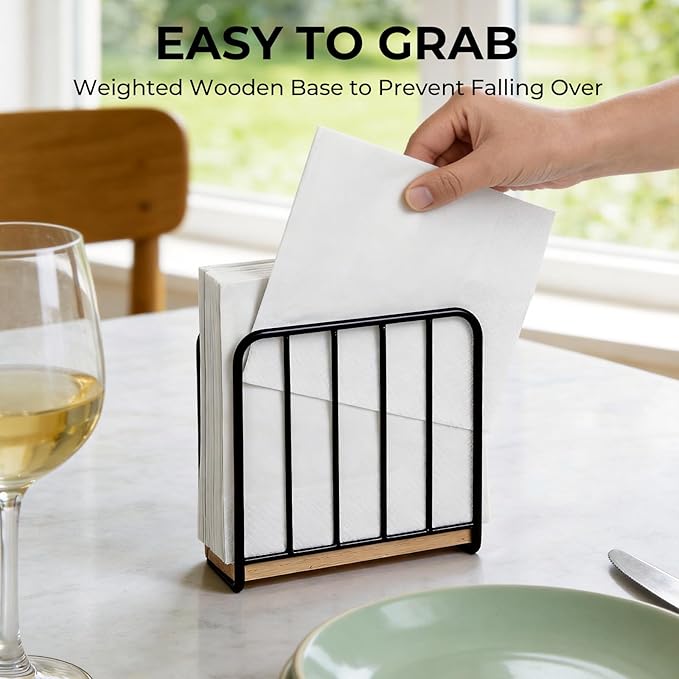 Modern Farmhouse Napkin Holder for Table, Weighted Solid Wood Base with Metal Design, Vertical Standing Napkin Dispenser for Kitchen Countertop, Dining Room and Outdoor Picnic (Black)