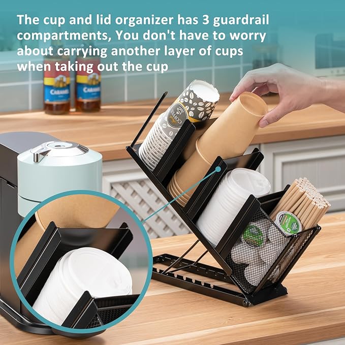 Coffee Cup Holder Organizer 4 Compartment Disposable Cup Dispenser, Cup and Lid Holder with Mesh Basket for Countertop Coffee Station Bar, Black