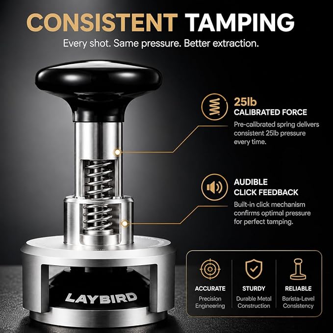 TriPress Espresso Tamper 53.3mm-54mm, Spring Loaded Coffee Tamper for 54mm Breville Sage Portafilter, 25lb Constant Pressure Self Leveling Tamper Tool, Zero-Residue Threaded Base