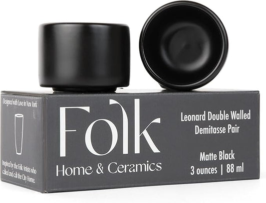 Folk Ceramics Leonard Ceramic Espresso Cups | Modern Stackable Demitasse Mugs for Espresso | Thick Walled, Handleless, Durable, Dishwasher & Microwave Safe | Set of 2, 3oz | Matte Black