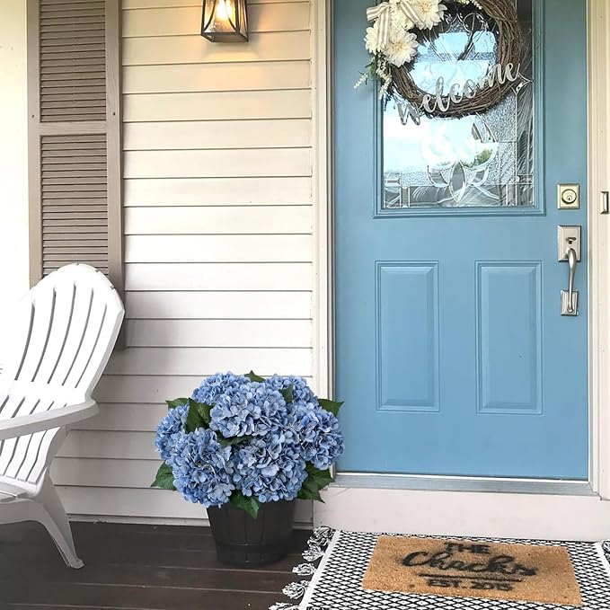 JINWOE Retro Blue Silk Artificial Hydrangeas Flowers, 4PCS 21" Vintage Large Lifelike Faux Flowers, Full Fake Flowers for Outdoor Porch Bouquet Table Centerpieces Wedding Home Indoor Baby Showers