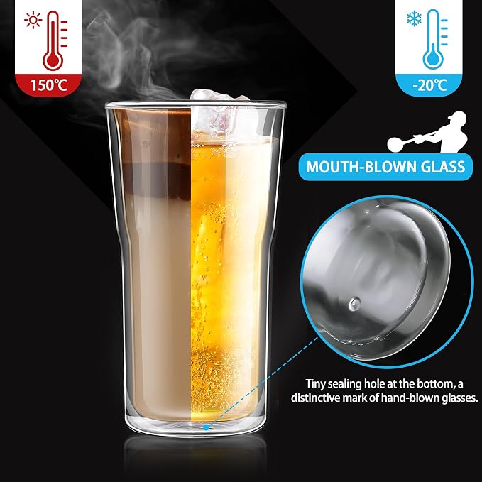 Joeyan Glass Double Walled Beer Drinking Glasses Tumbler 16 oz, Double Layer Tall Borosilicate Insulated Water Cocktail Glass Cups, Double Lined Thermo Tea Coffee Hot Beverage Glassware, Set of 2
