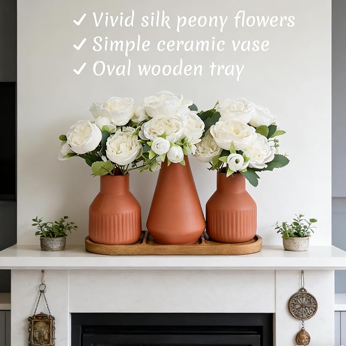 Flower Table Centerpiece - Dining Table Centerpiece Decor Set of 3 Fake Peonies in Ceramic Vases & Wood Tray Modern for Kitchen Island Living Room Coffee Table Home Decor (White)