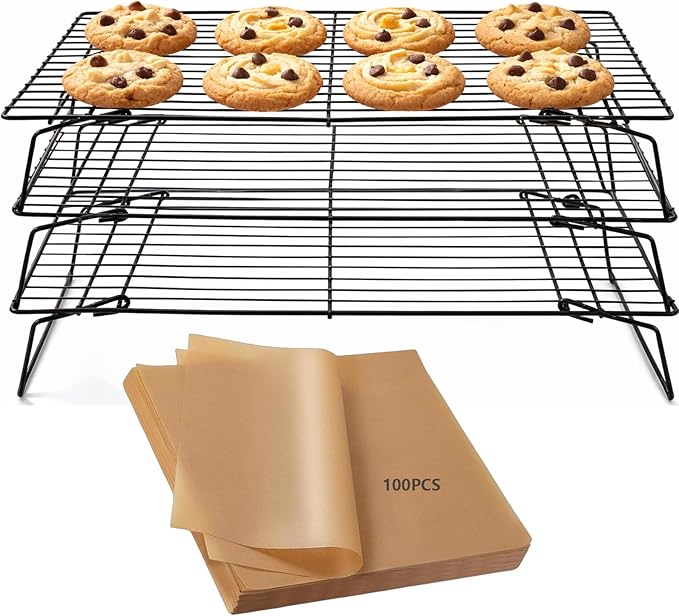 3-Tier Collapsible Cooling Rack for Baking, Stackable Cookie Rack with Detachable Design, Foldable Legs, Baking Sheets Set with 100 Pcs 6x8 Inch Baking Paper, 15.7x9.8 in Metal Cooling Rack