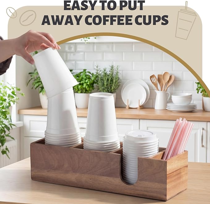 Novabright 4 Compartments Coffee Cup Holder for Countertop Cup Lid and Straw Dispenser Coffee Station Organizer Bar Accessories for Breakroom Restaurant, 15.3 x 4.7 x 4(Wood Color,Acacia Wood)