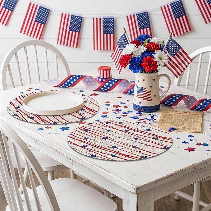 4th of July Round Placemats Set of 8 Patriotic Stars Place Mats Independence Day Woven Placemat Freedom Red Stripes Circle Braided Table Mat for Kitchen Dining Table Holiday Party Decor 15 Inch