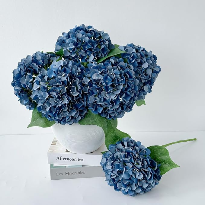 ZYTUYO 5 Pcs Dark Blue Silk Hydrangeas Artificial Flower Boho Dried Touch 20'' Faux Hydrangeas for Fall Indoor Home Decor Kitchen Living Room Outdoor Porch Wedding Flower Arrangement