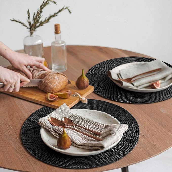 FunWheat Round Braided Placemats Set of 6 Place Mats for Dining Table Woven Washable Non-Slip Table Mats 15 Inch (Black, 6pcs)