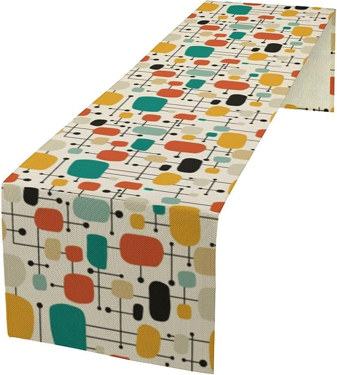 Mid Century Table Runner,Retro 60s Colorful Geometric Atomic Star Abstract Art Table Runner for Home Indoor Outdoor Kitchen Holiday Birthday Party Wedding Decor 13x36 Inch