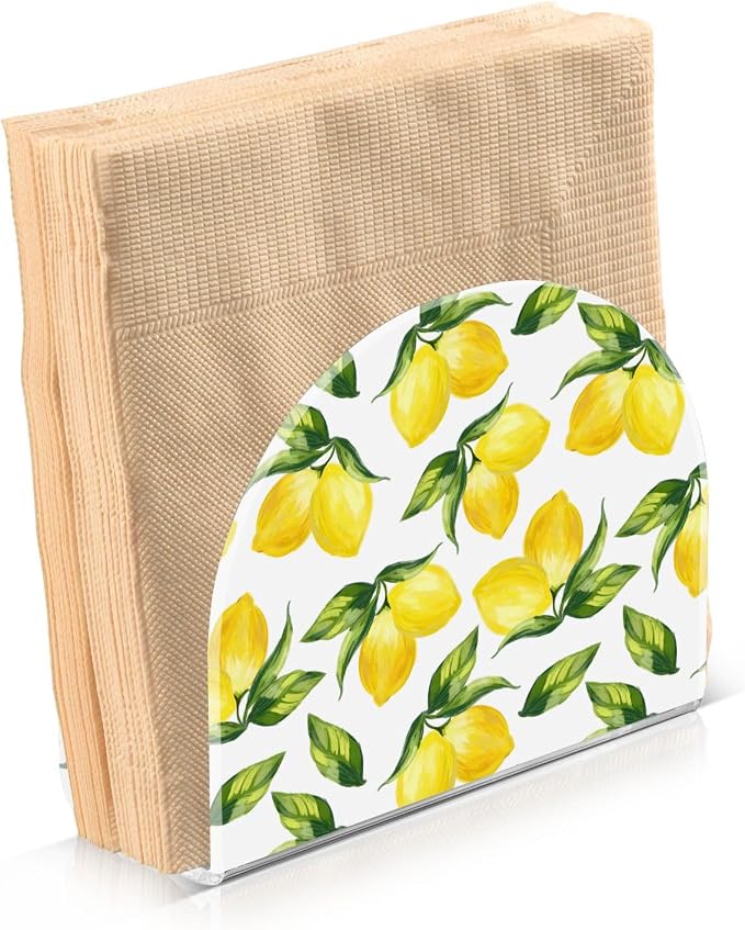 Yellow Lemon and Green Leaves on White Napkin Holder for Tables Paper Cocktail Napkin Holders for Kitchen and Dinning, Acrylic Dinner Napkin Dispenser for Restaurant Home Decor Bar Accessories 2 Pack
