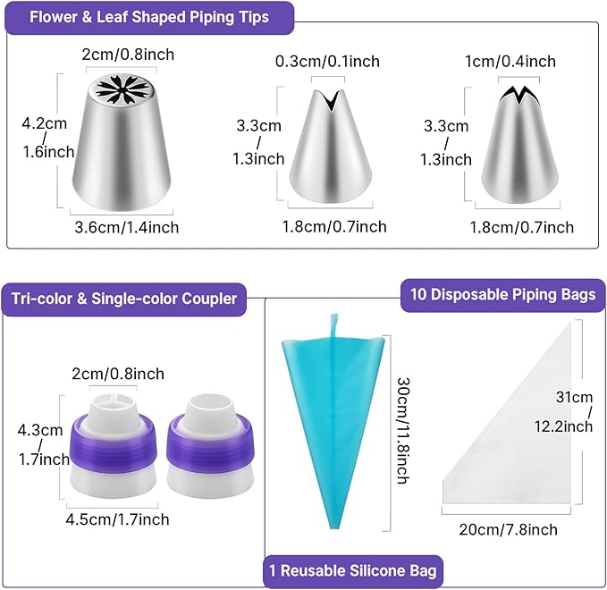 27-Piece Russian Piping Tips Set - Icing Bags and Tips Set Cake Decorating(12 Icing Tips 10 Pastry Baking Bags 2 Leaf Piping Tips 2 Couplers 1 Silicone Bag)