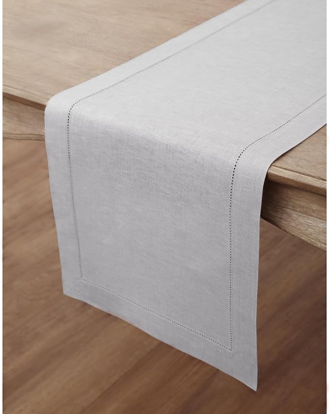 Solino Home Linen Soft Grey Table Runner 60 Inches - Classic Hemstitch, 100% Pure Linen Coffee Table Runner 14 x 60 Inch Ideal for Dresser Tables - Summer