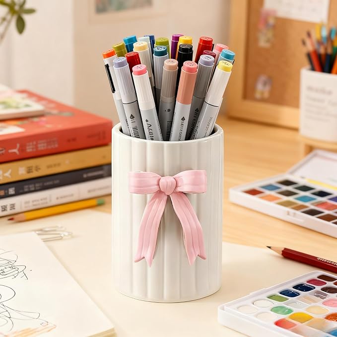Handmade Pink Bow Ceramic Utensil Holder, 3D Coquette Cooking Utensil Crock with Scalloped Edge, Stable & Easy to Clean Kitchen Storage Caddy Organizer Vase Decor for Countertop Housewarming Gift
