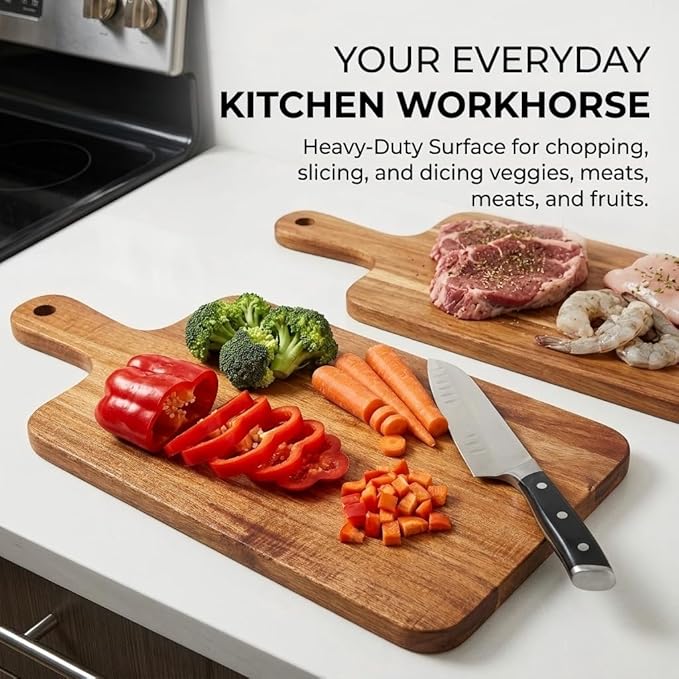 Acacia Wood Cutting Board with Handle 2 Piece Set, 15.8''x7.7'' Large Wooden Charcuterie Boards for Kitchen, Multipurpose Chopping Board for Meat, Cheese, Bread, Pizza & Fruit