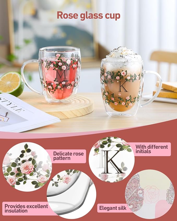 Initial Glass Cup for Women, 12oz Rose Double Walled Glass Coffee Mugs, Personalized Gifts for Women, Initial Coffee Tea Mug with Scarf, Birthday Wedding Gifts for Mom Teacher (ROSE-L)