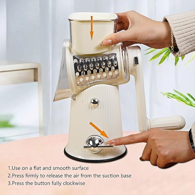 Rotary Cheese Grater with Handle: 5 in 1 Cheese Grater Hand Crank Cheese Shredder with Strong Suction Base Kitchen Vegetable Slicer with 5 Interchangeable Blades, Storage Box, White