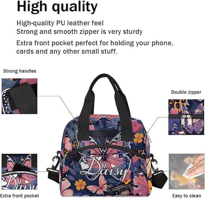 Personalized Butterfly Lunch-Bag for Women, Custom Insulated Cooler Lunch Box with Name, Leakproof-Reusable Lunch Tote Bag for Work Office Picnic - Multi 2