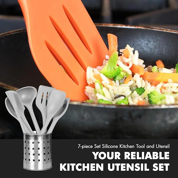 Chef Craft - Premium Silicone Kitchen Tools and Utensils Set, Non-Scratch, Withstands Temperatures up to 450°F, BPA-Free, 7 Piece Cooking Utensils Set, Gray
