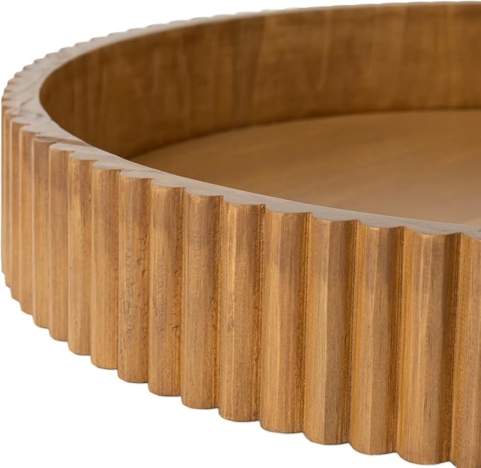 Ribbed Wood Decorative Tray, 16.5-Inch Round with Light Honey Finish for Table Centerpieces