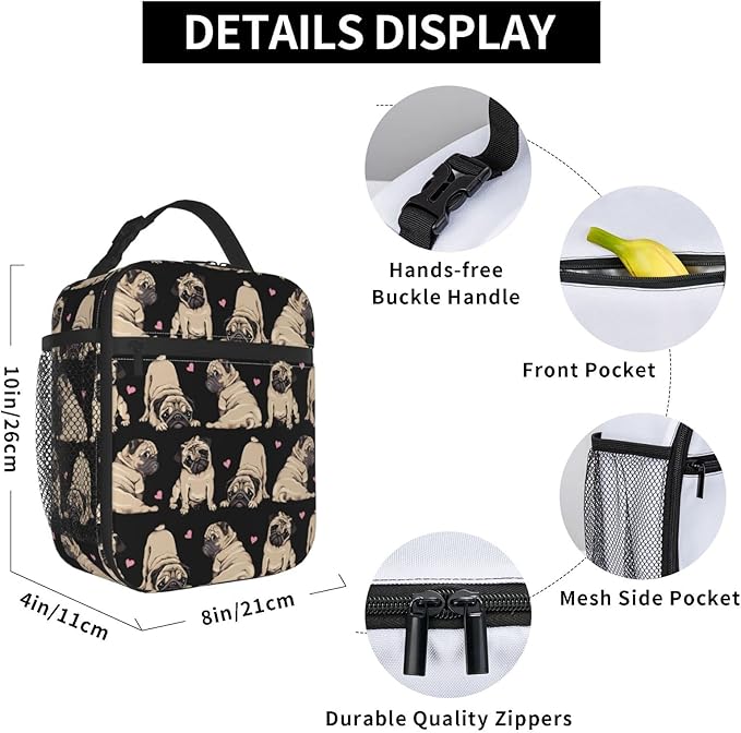 Gianlaima Pug Cute Black Cool Fuuny puppy Dog Love Insulated Lunch Box For Women Man, Portable Lunch Bag Reusable Cooler Tote For Office Work Travel Picnic Camping Beach