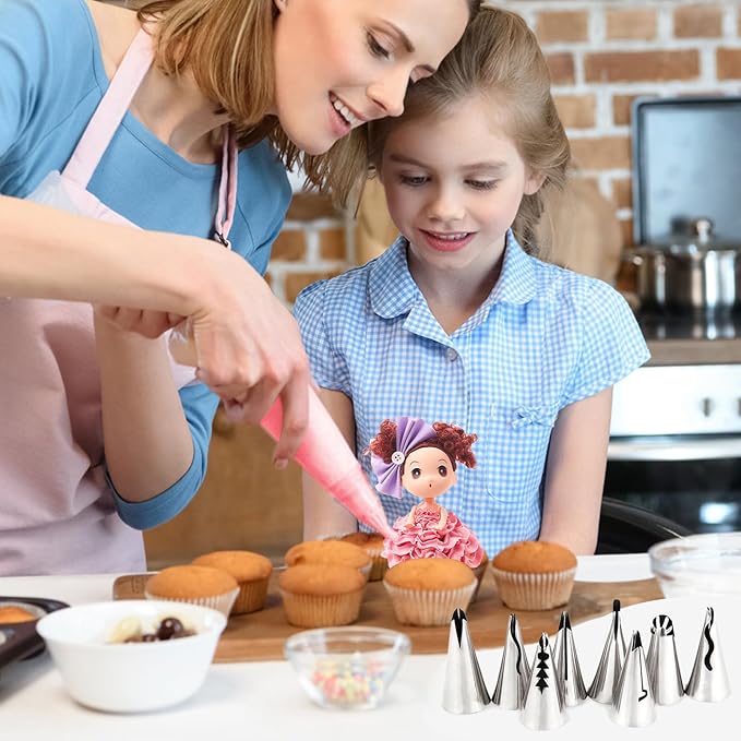 Baipeisy 11Pcs Stainless Steel Pleated Skirt Piping Tips Set - Reusable Baking Tools Kit Includes 8 Decorating Nozzles, 1 Cleaning Brush, 1 Converter, 1 silicone piping bag for Frosting Cakes