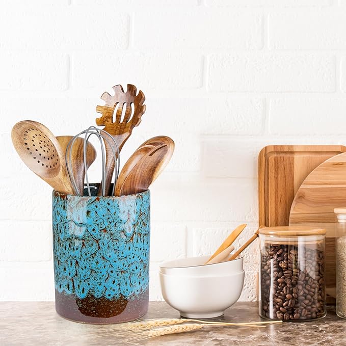 Utensil Holder, Blue Ceramic Kitchen Utensil Holder for Countertop, Large Cooking Utensil Crocks for Kitchen Counter, Morden Utensil Organizer for Spatula, kitchen Decor