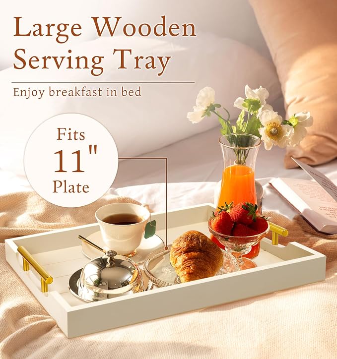 SXNOWS Ottoman Tray for Coffee Table & Couch, Large Wooden Serving Tray with 2 Set of Handles - Modern Farmhouse Rectangle Decorative Tray for Living Room Kitchen Includes 4 Coasters, Off-White/Cream