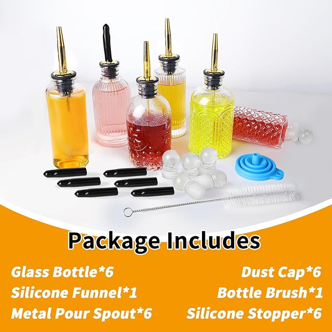 Coffee Syrup Dispenser Bottles Set 6 Pack 7 OZ, Simple Small Glass Syrup Bottles for Coffee Bar with Metal Pour Spout Ideal for Coffee Syrups, Honey