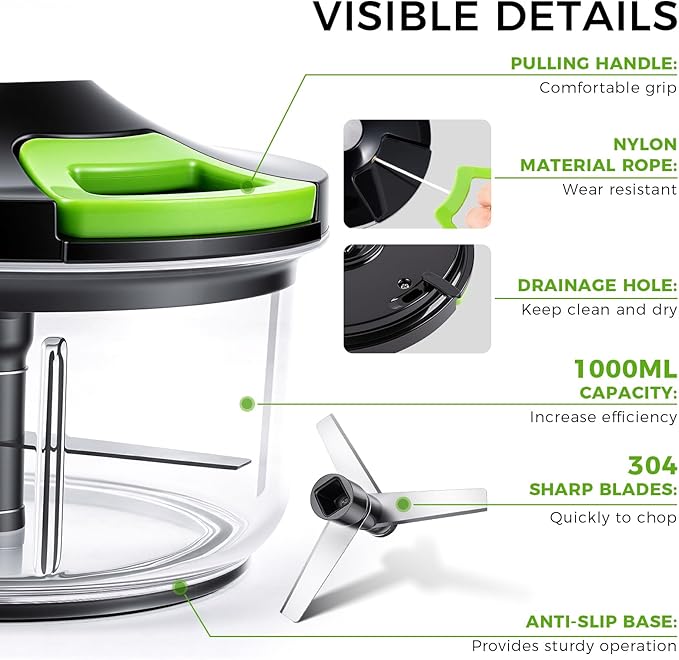 LHS Manual Food Chopper Vegetable Cutter, Hand String Vegetable Chopper Onions Cutter for Vegetable Fruits Nuts, (800ml,BLACK)