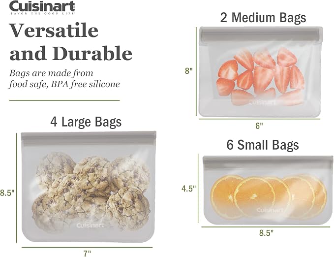 Cuisinart Reusable Food Storage Bags, 12 Pack Gray - Resealable Bags for Food, Leftovers, & Snacks to Store, Freeze or Refrigerate - BPA Free Flat Freezer Bags - Includes Small, Medium & Large