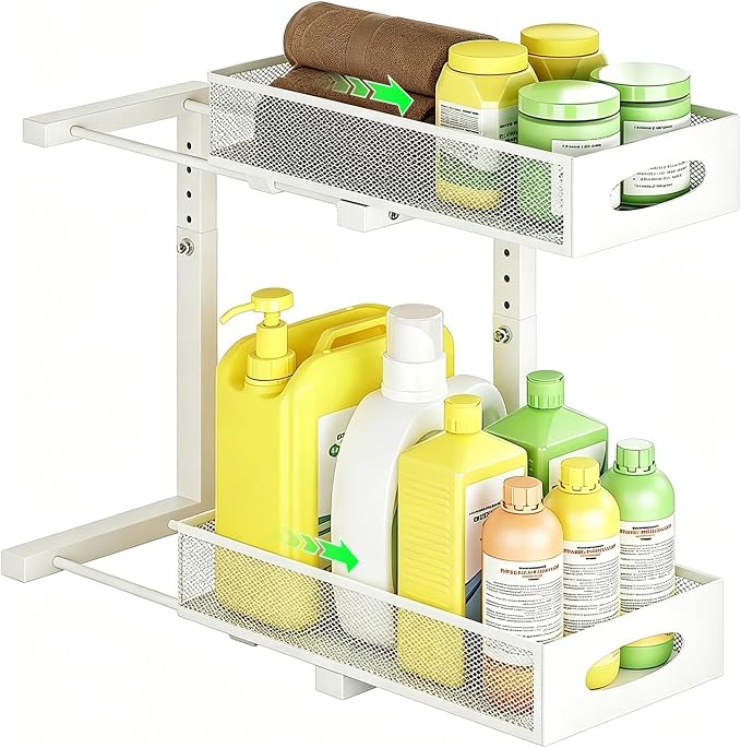 Under Sink Organizer, Pull Out Cabinet Organizer, White | Rustproof Carbon Steel, 2 Tier Mesh Sliding Drawers, 5-Level Height Adjustable to Bypass Pipes, for Kitchen Bathroom Laundry