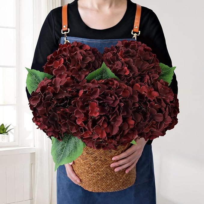 JINWOE 5Pcs Burgundy Silk Hydrangea Artificial Flowers, 20Inch Large Lifelike Flowers,Halloween Christmas Artificial Hydrangeas for Indoor Bouquet Table Centerpieces Floral Arrangements Home Wedding