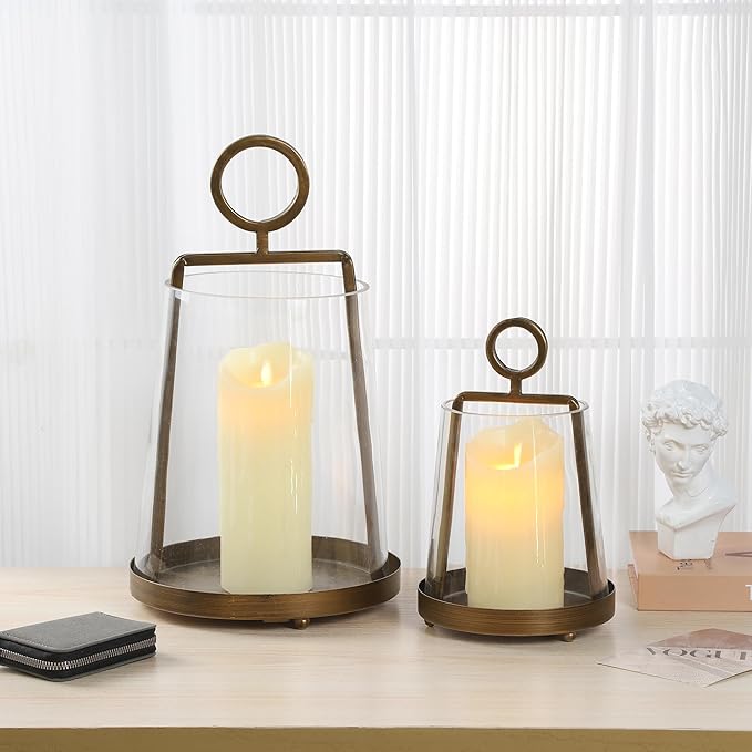 6" Wide Modern Farmhouse Metal Hurricane Candle Holder with Handmade Sturdy Glass Sleeve in Antique Brass for Pillar Candle & Plants, Glass Hurricane Lantern, Industrial, Minimalistic