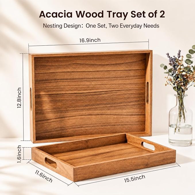 Acacia Wood Serving Tray Set of 2 with Handles for Food & Decor | Serve food & drinks, organize remotes and essentials, decorate coffee tables, ottomans, kitchen counters & living rooms.