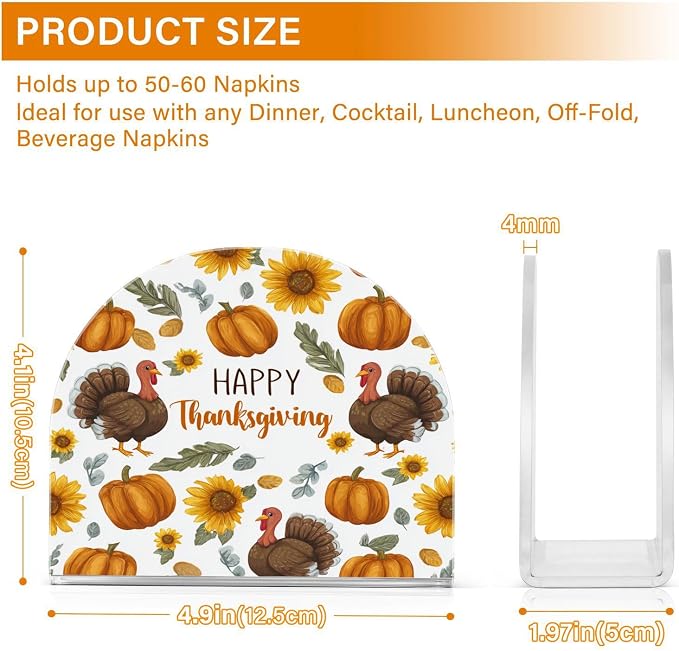 Napkin Holder Acrylic Napkin Holder for Table Kitchen Party Restaurant U Shaped Upright Napkin Dispenser Organizer Thanksgiving Turkeys Sunflowers White