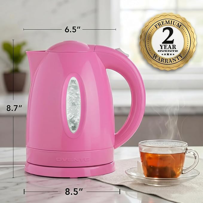 OVENTE Electric Kettle, 1.7L Fast Boiling Water Heater for Coffee or Tea, BPA Free with Water Level Gauge, Auto Shut-Off, Boil-Dry Protection, Indicator Light and Removable Filter, Pink KP72P