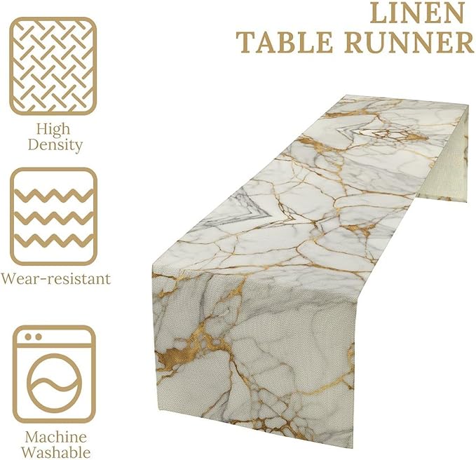 Marble Table Runner, Abstract White and Gold Modern Luxury Texture Printed Linen Table Runners for Living Room Kitchen Dining Room Party Holiday Home Decor 13" W x 60" L