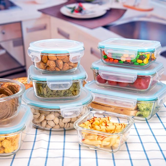AILTEC Glass Food Storage Containers with Lids, [18 Piece] Glass Meal Prep Containers Set, Airtight Leak Proof, Oven Freezer Dishwasher Safe, BPA Free (9 Lid & 9 Container)