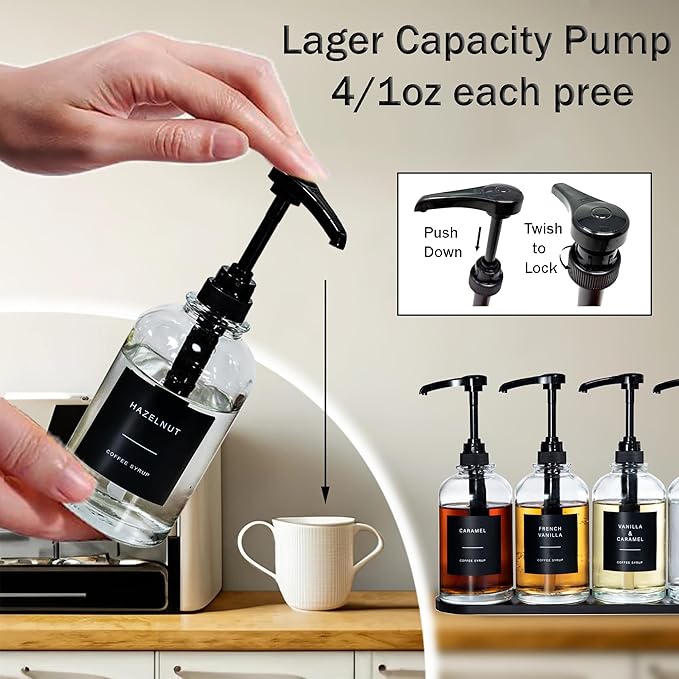Coffee Syrup Dispenser for Coffee Bar, Glass Syrup Bottle with 1/4 oz Large Capacity Pump, Syrup Pump Dispenser with Pump for Coffee Station, Black with Tray,16.9oz, Set of 3