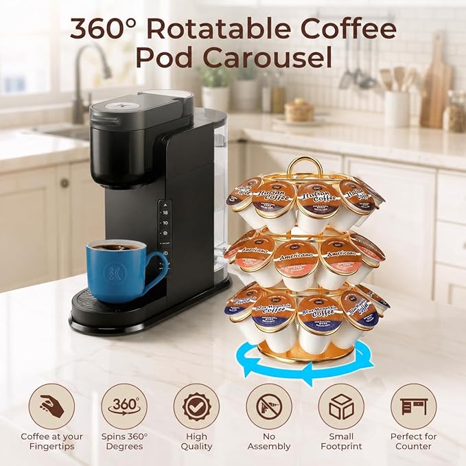 K Cup Holder, Carousel Coffee Pod Holder Compatible with 27 K Cup, Spins 360-Degrees, 3 Tier K Cup Organizer for Kitchen Counter — Home or Office Storage, Anti-Slip Base, No Assembly, Gold